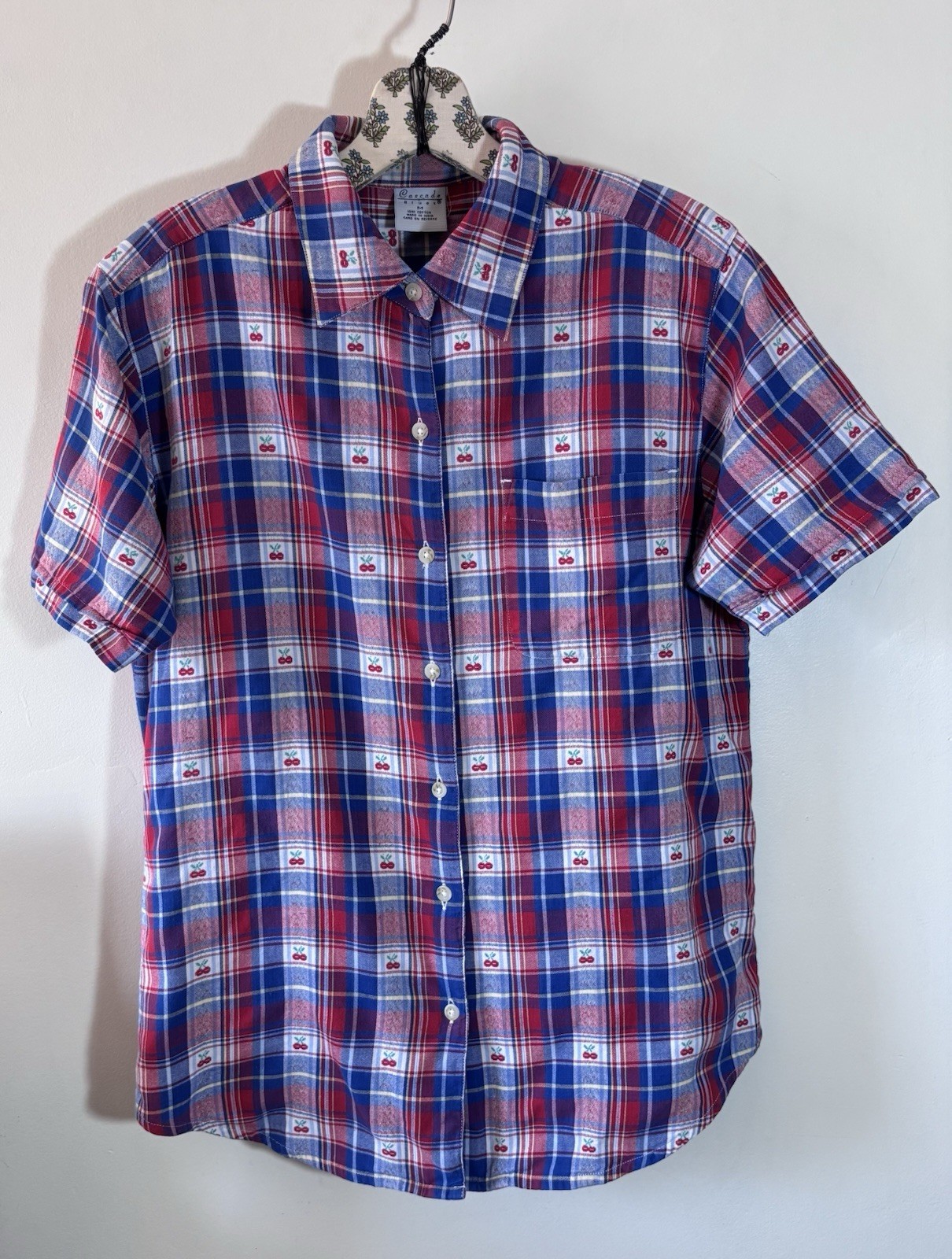 Cascade Blues Red Blue Plaid Cherry Print 100% Cotton Size Medium