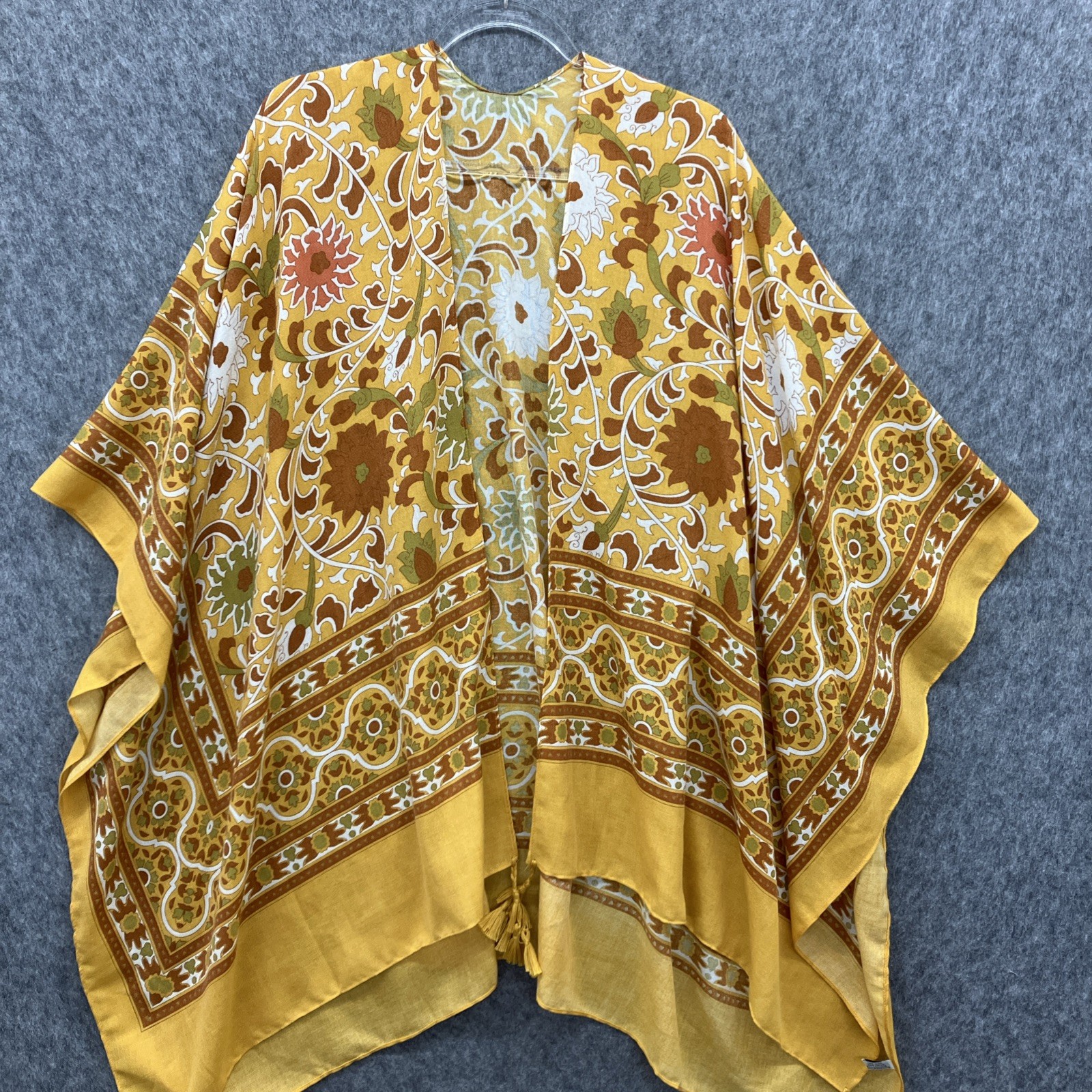 Paisley Floral Woven Kimono Topper Womens One Size Mustard Gold Green Tassels