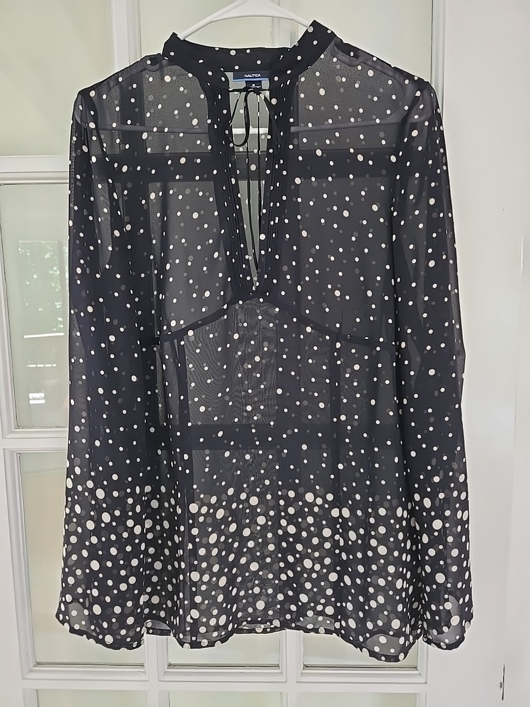 Nautica Sheer Womens Sz 8 V Neck Long Sleeve Boho Polka dot Blouse Flowy Peasant