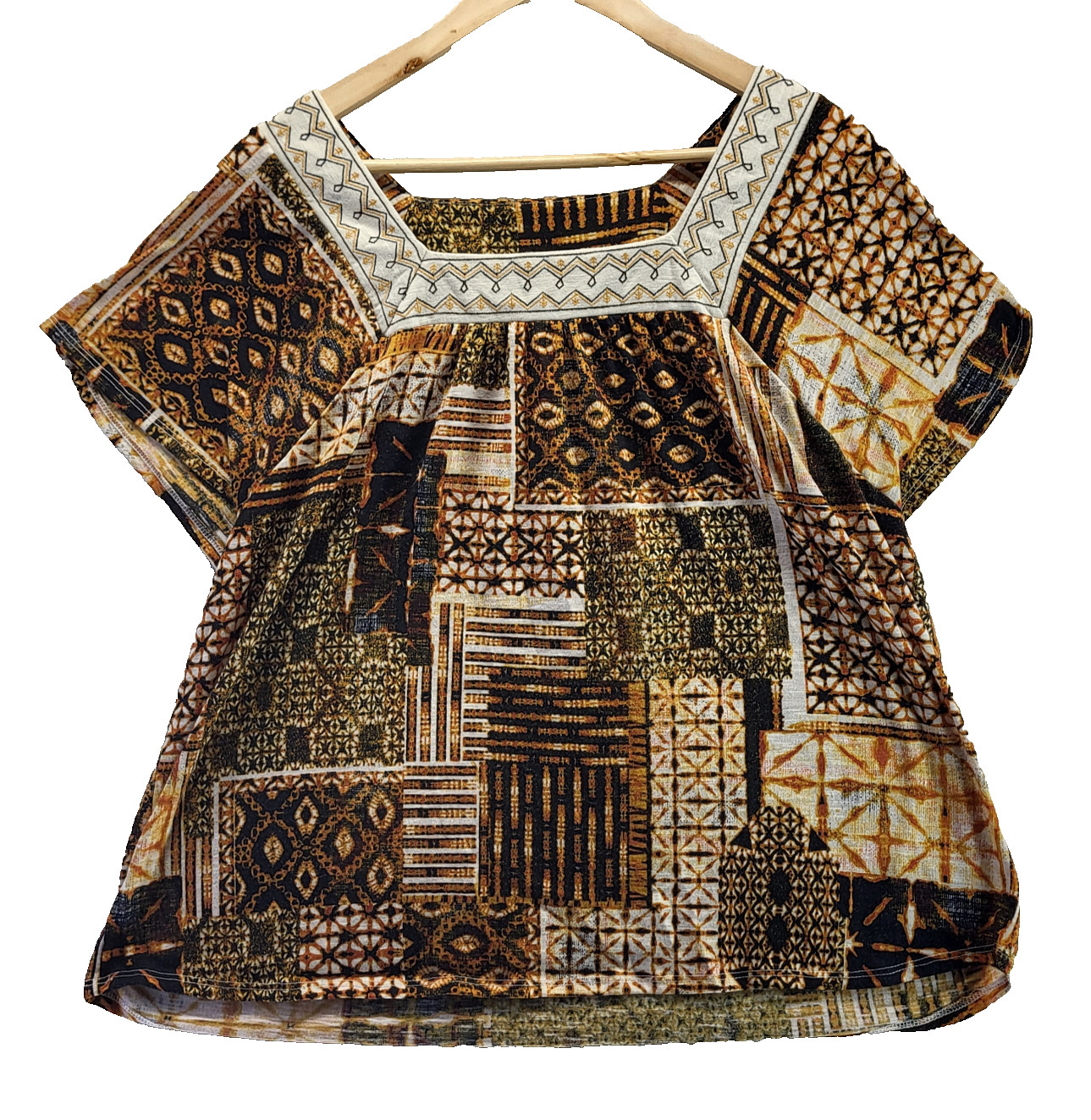 Isela Shirt Womens Extra Large Brown Patchwork Short Sleeve Pullover Tunic