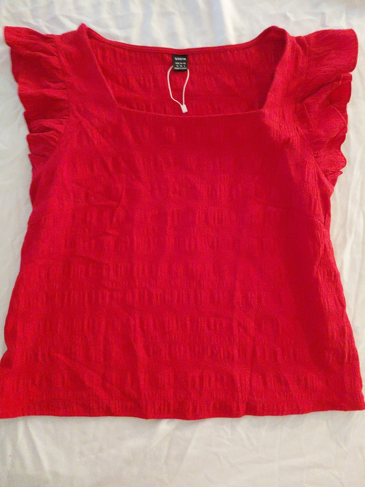 NWT vibrant red SHEIN square-neck blouse W/ playful ruffled flutter sleeves