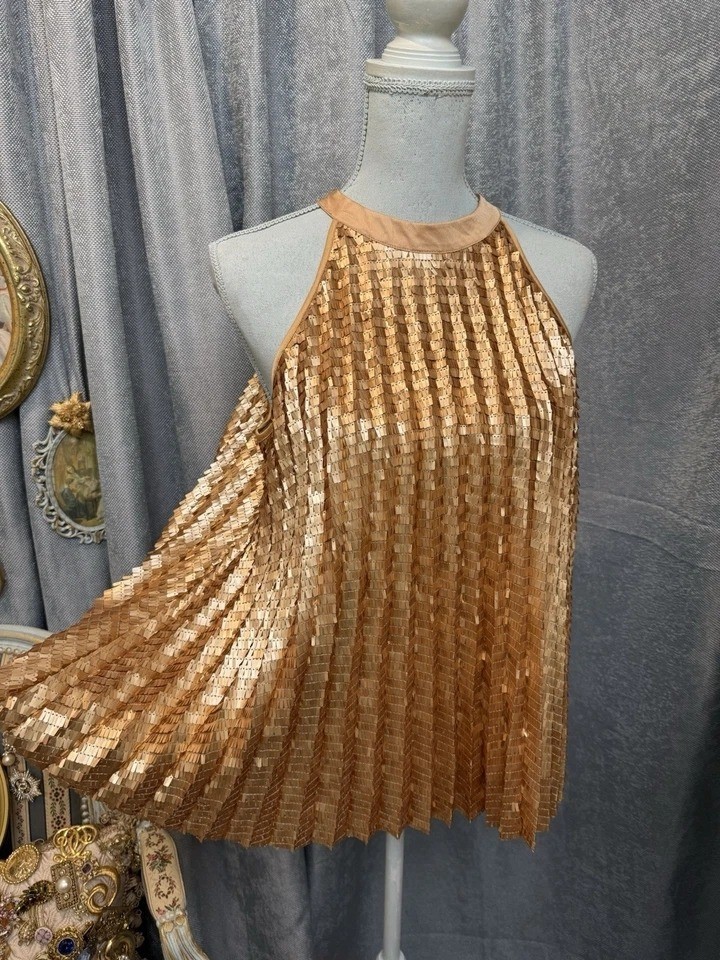 Tahari Womens Modern Fit Gold Sequin Pleated Sleeveless Top Golden Size 4 NWT