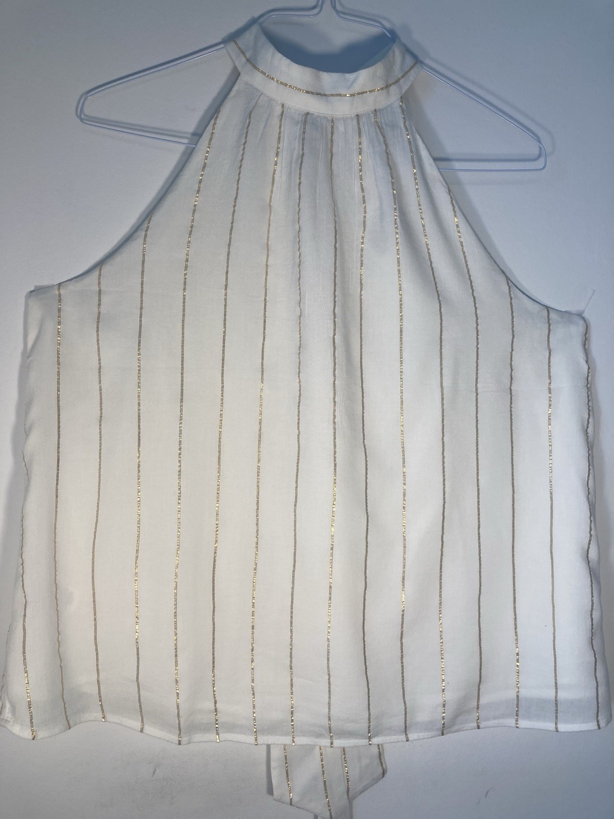 LOFT Women’s White/Gold Striped Sleeveless Halter Tie Neck Lined Blouse L