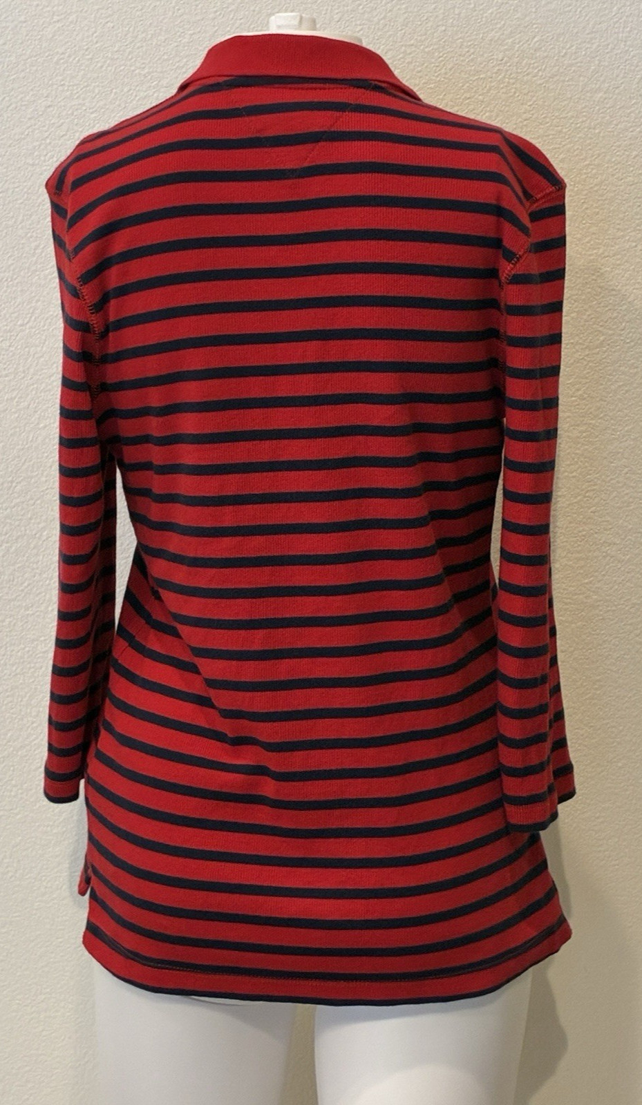 VTG Y2K Tommy Hilfiger Striped Johnny Collar Polo Shirt M Red 3/4 Sleeve Preppy