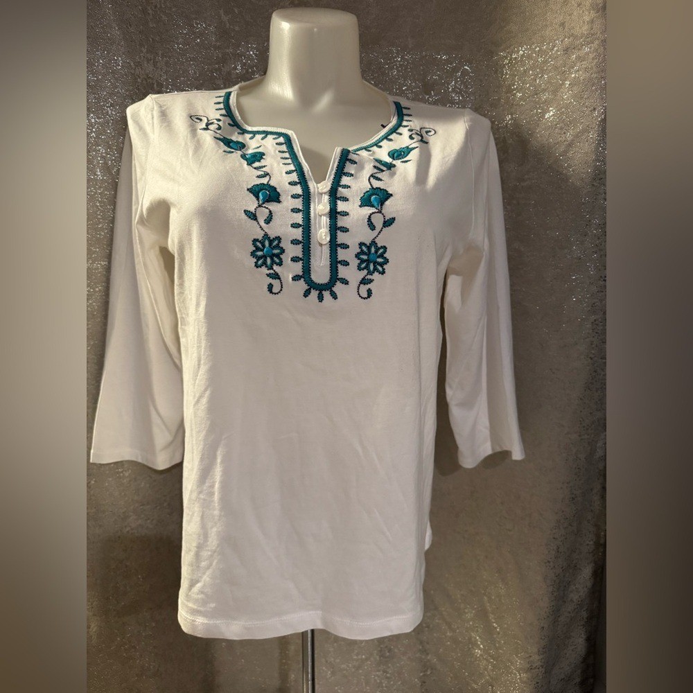 St. John’s Bay White and Blue Embroidered Tunic with Mandarin Collar