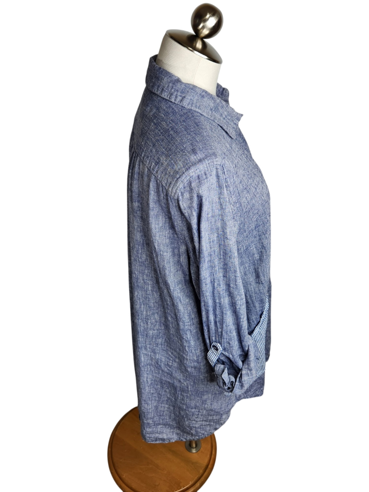 For Cynthia Tunic Top Women’s Large Linen Blend Chambray Stripe Accents Pockets