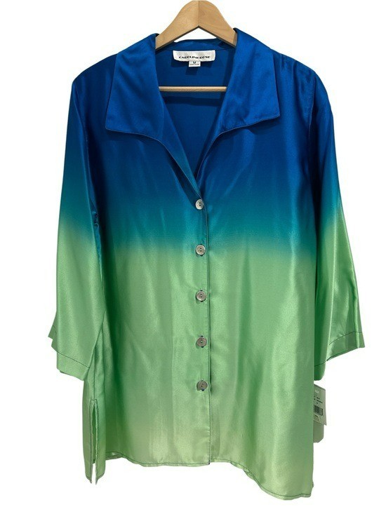 Caroline Rose Silk Ombre Green Blue Art To Wear Button Up Blouse – M