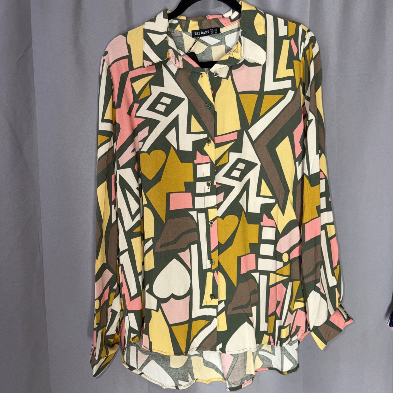 Big Dart 100% Viscose Women’s Abstract Button-Down Blouse Geometric Eur 48 USXL