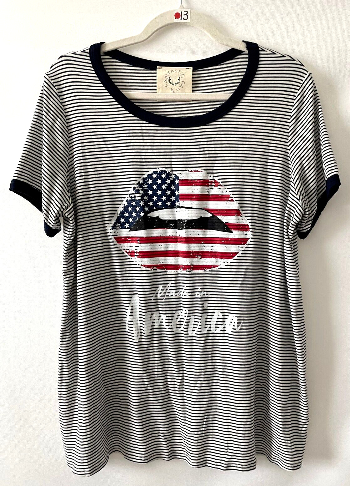 Fantastic Fawn Womens American Flag Lips Print Striped Ringer T-Shirt Size L