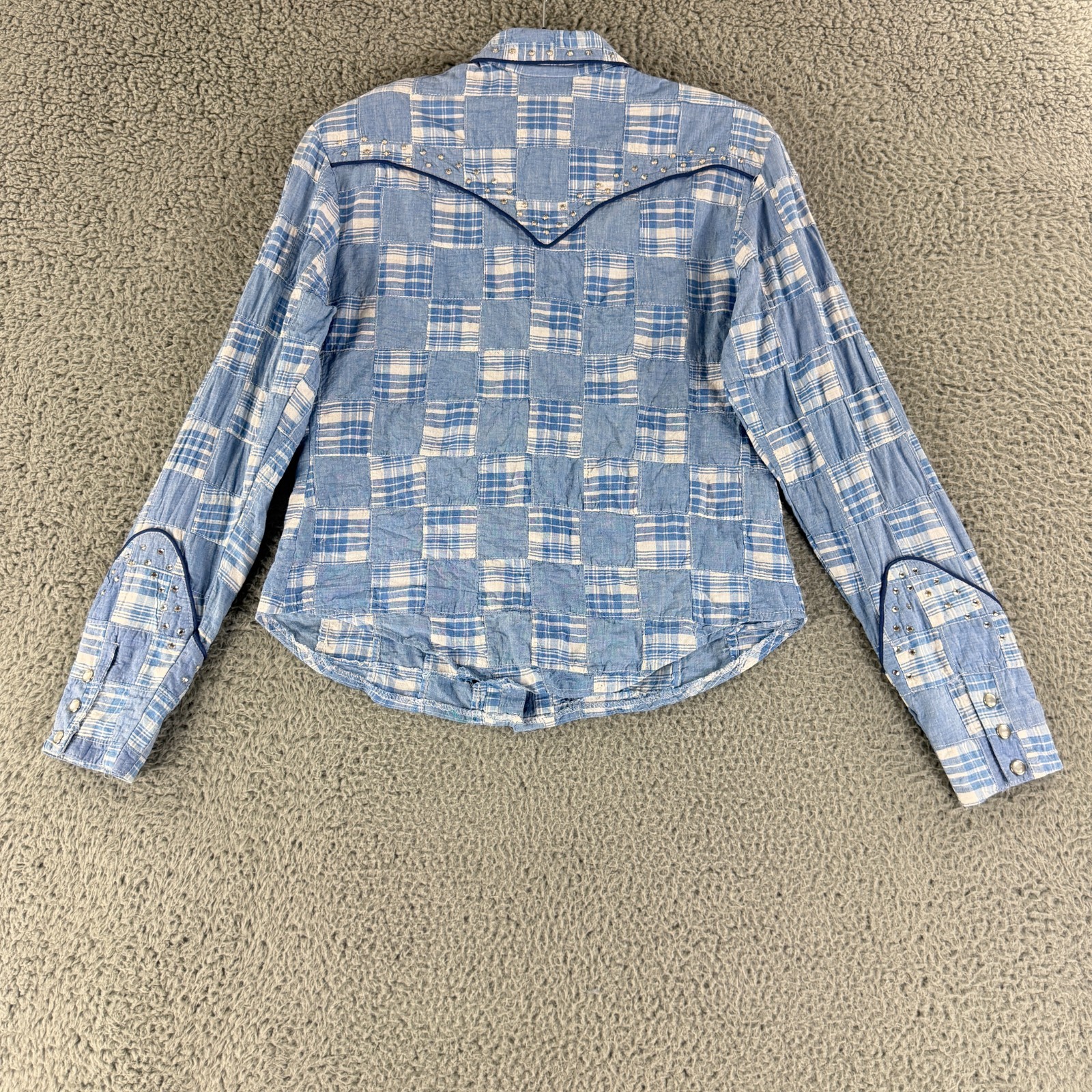 Western Collection Styles Snap Button Shirt Womens Medium Blue Patchwork VTG LS