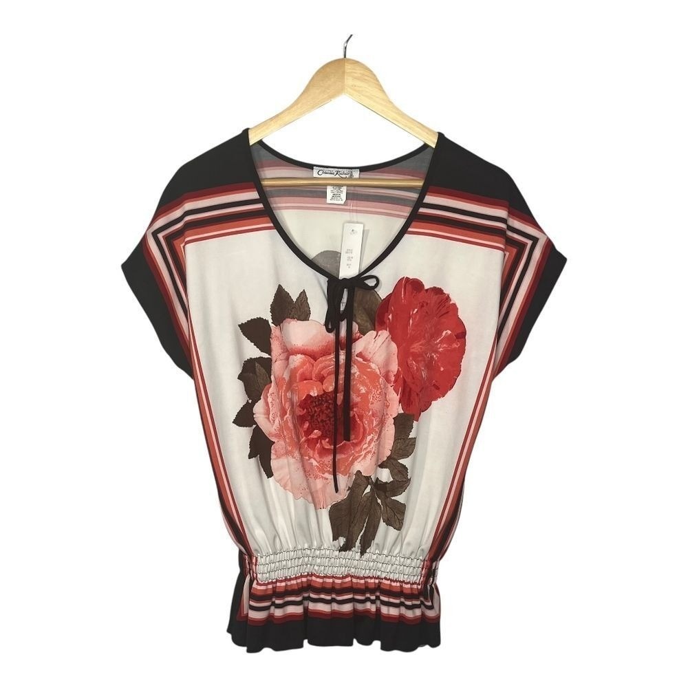 Claudia Richard Floral Peplum Blouse Women Medium White Red Smocked Tie Neck NEW