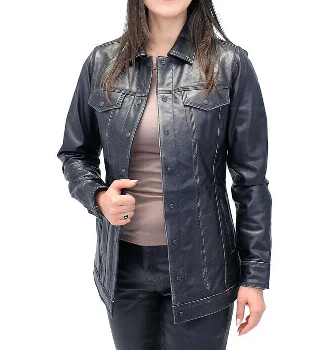 Designer 100%Lambskin Stylish Genuine Black Leather Women Handmade Casual Shirt
