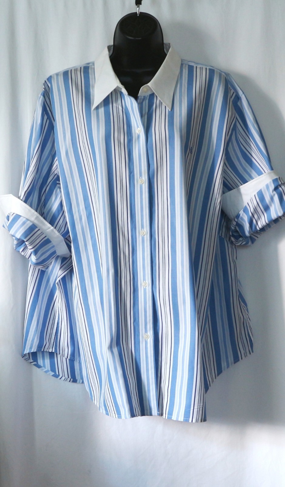 LAUREN RALPH LAUREN Blue Striped Cctton Blse 61 In Chst 29 In Lng Sz 3X EXC