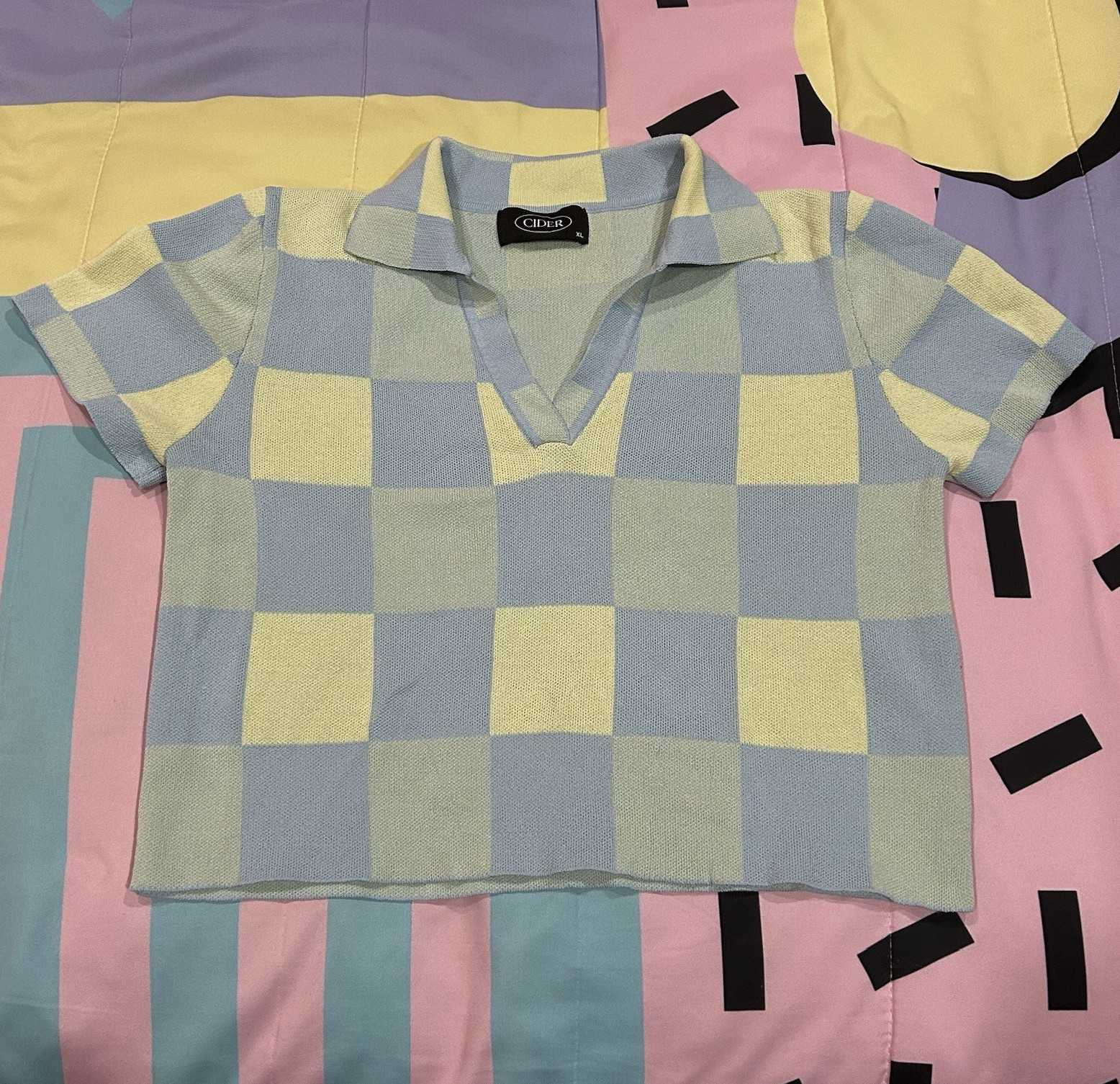CIDER Women’s XL Blue Yellow Checkerboard Polo School Cute Crop Top
