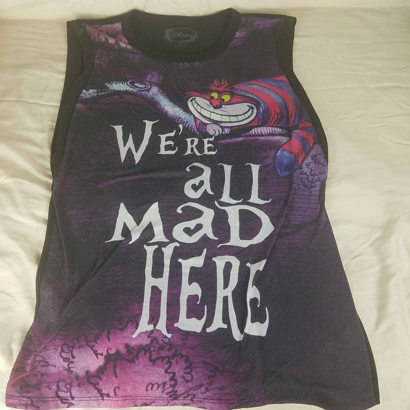 Disney Tank Top Women L Purple Excellent Cheshire Cat We’re All Mad Here Muscle