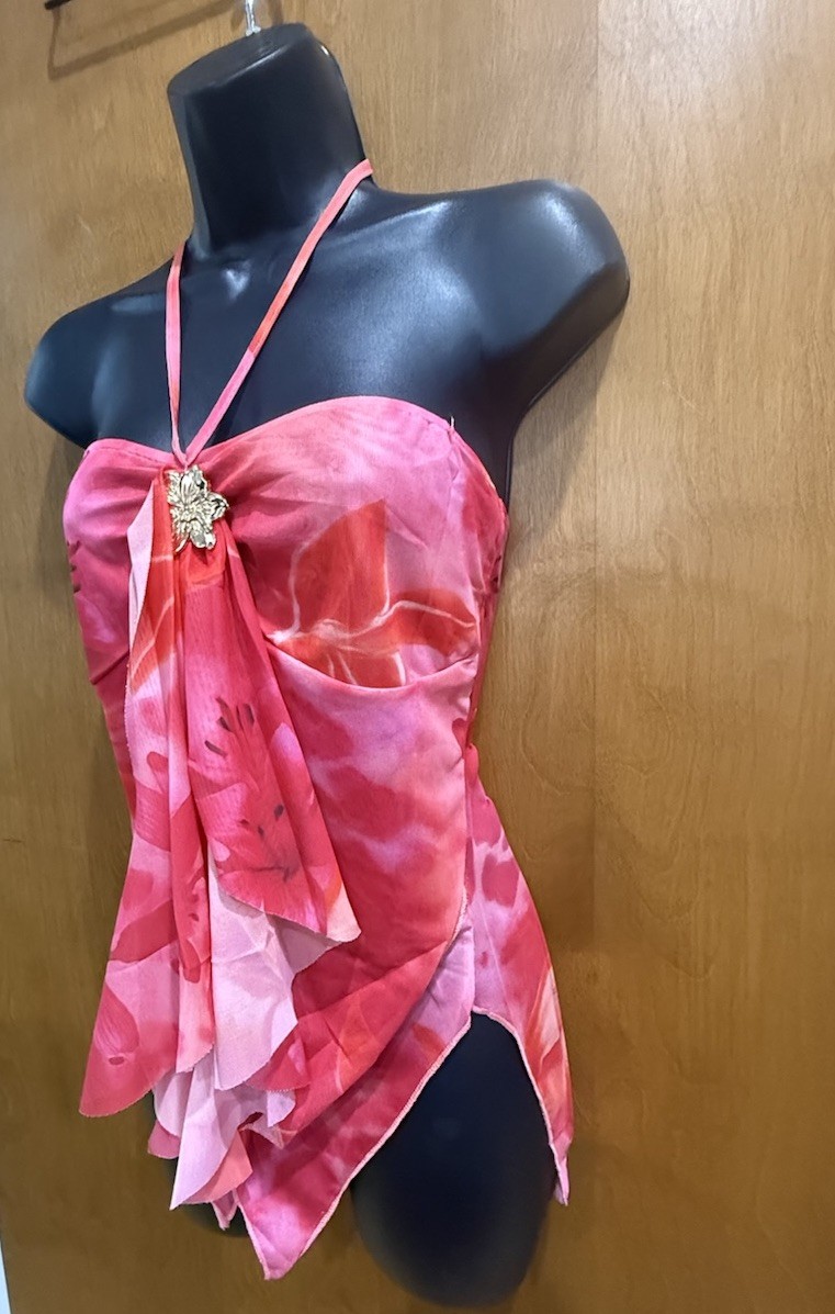 Women’s Pink and Red Floral Halter Top Boho Ruffle Mesh Shirt Size XL