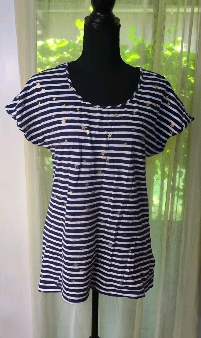 Jones New York Shirt Women’s Large Gold Stars Navy Blue/ White Striped T Shirt
