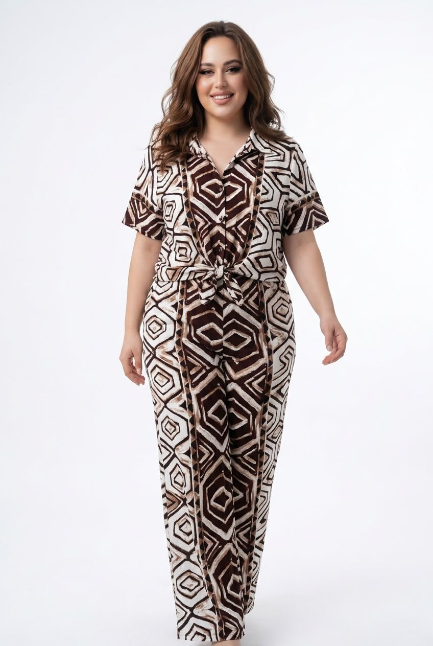 Size S | Short-sleeve Button-down Blouse Brown & white Abstract Geometric