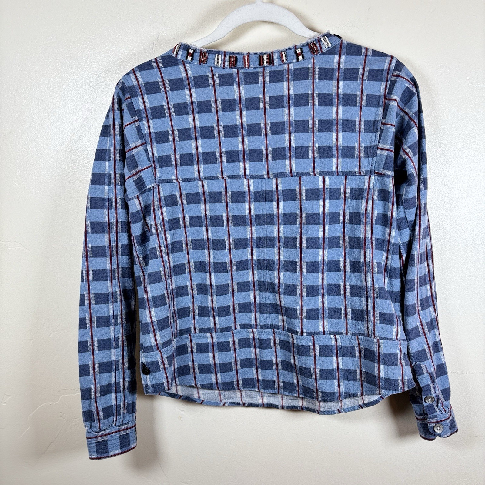 Maison Scotch & Soda Top Women’s Petite Blue Red Plaid Popover Beaded Western