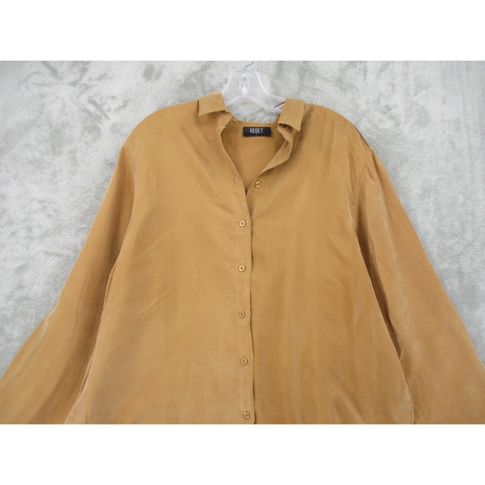 Reset Blouse Womens Large Silk Button Front High Low Office Relaxed Boxy Brown