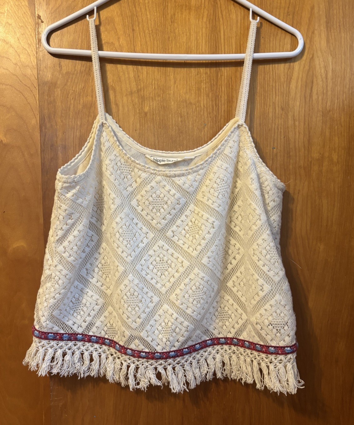 Hippie Laundry White Lace Spaghetti Strap Cami Top Fringe Beaded Hem M