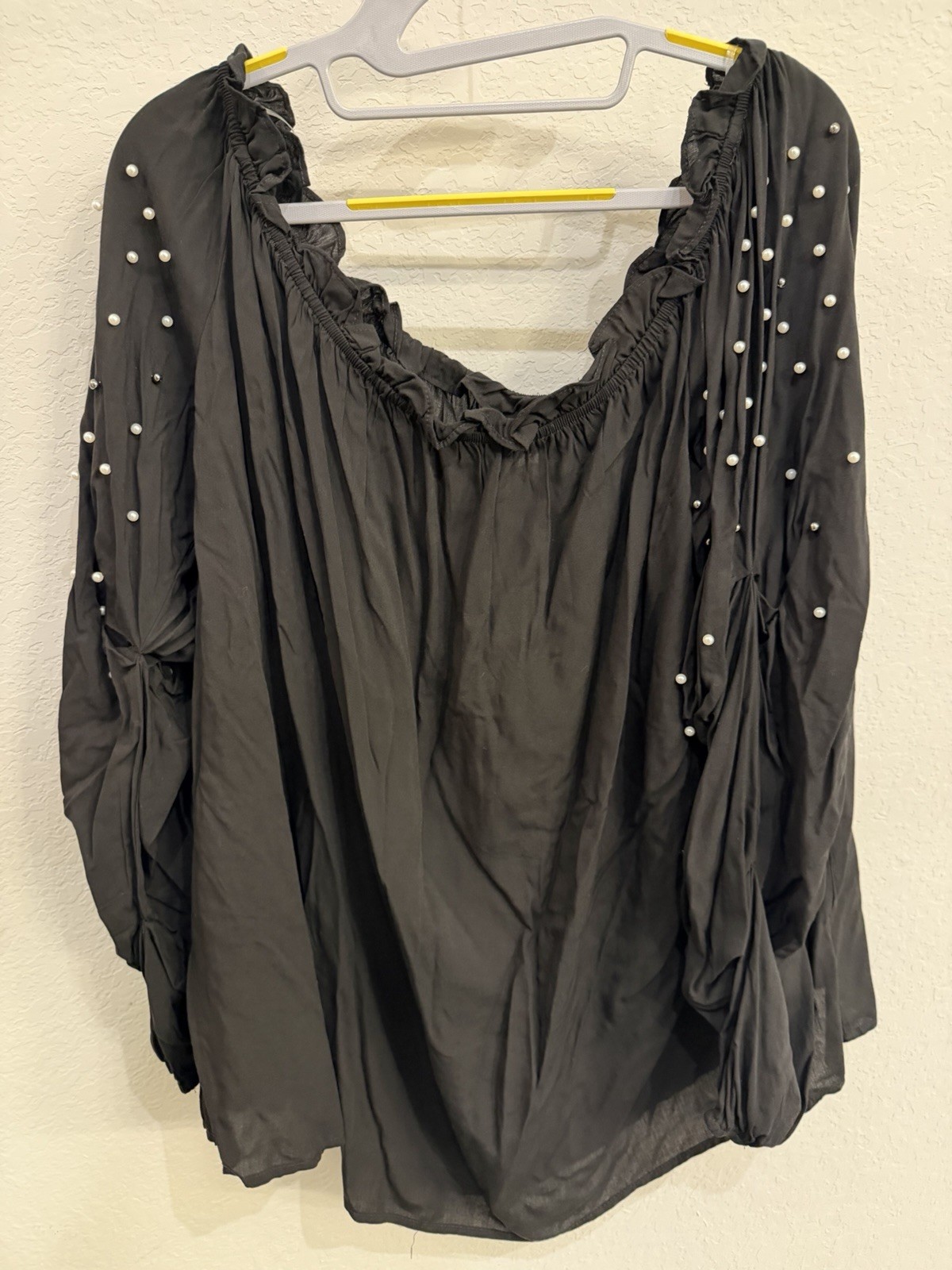 Perfectly Priscilla Black Pearl Ruffle Tunic Blouse Plus Size 3XL Long Sleeve