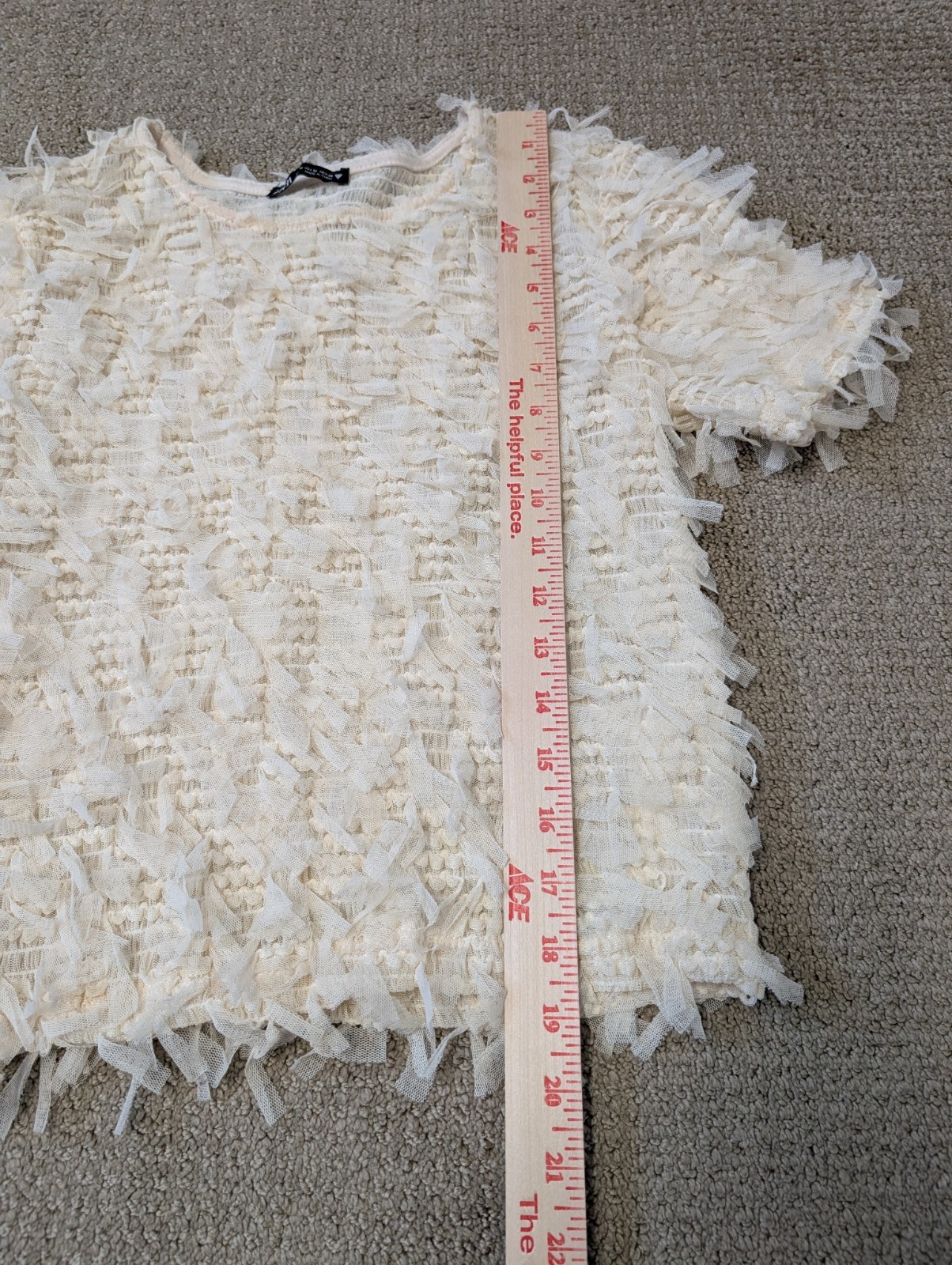 Zara Womens Cream Sheer Fringe Ruffle Blouse Cropped SS Top Size M Avante Garde
