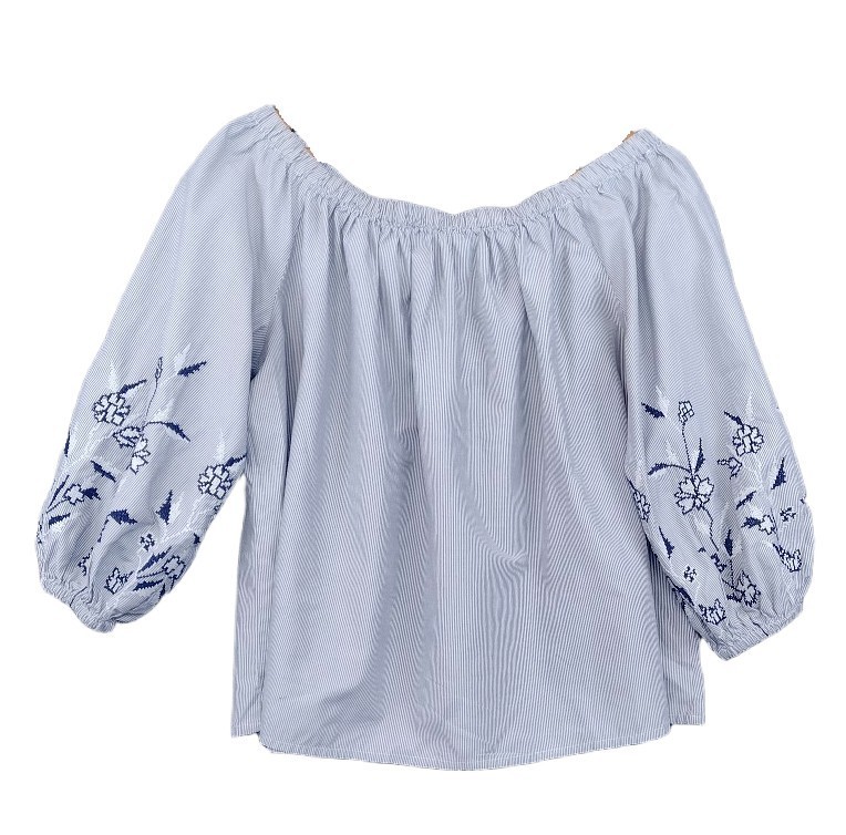 Simply Styled Top XL Blue Stripe Off Shoulder Embroidered Cottage Core