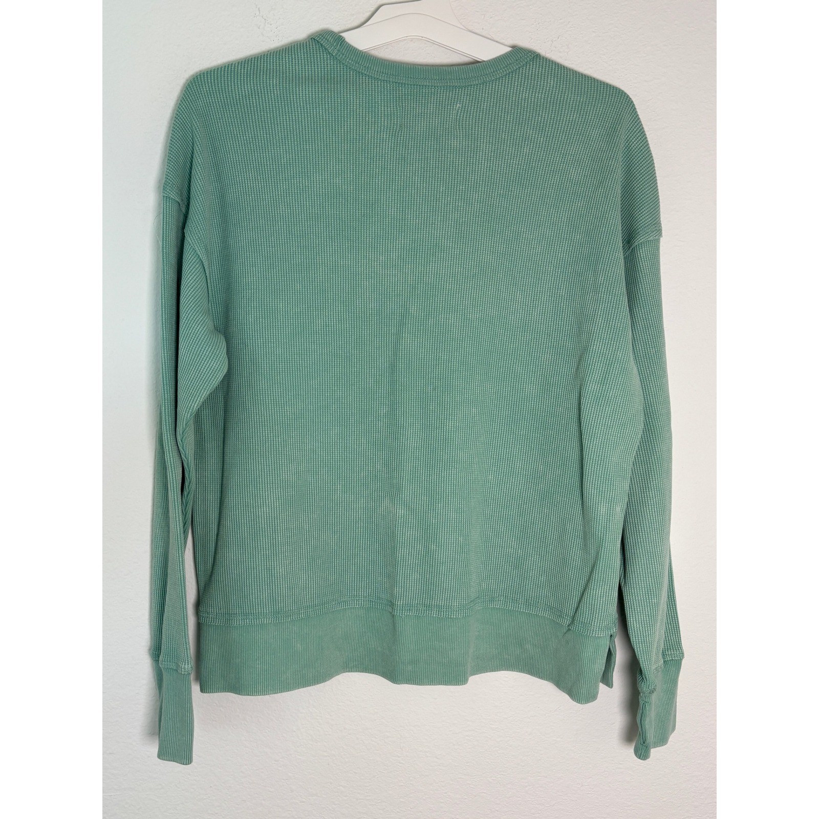 Seven7 Waffle Knit Thermal Top Sage Green Mineral Wash Long Sleeve Crew Neck M