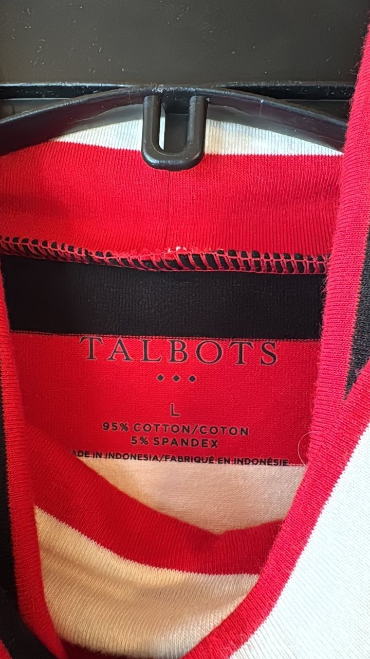 NWOT TALBOTs Large Red Black White Gray Stripe cowl Neck Long Sleeve Top Shirt
