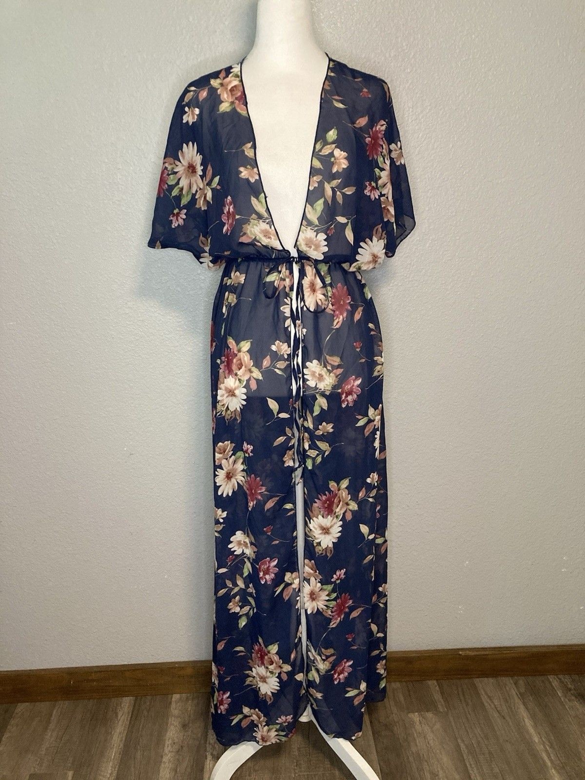 Kimono Duster Cardigan S Sheer Fairy Boho Long Open Front Floral Coverup Coastal