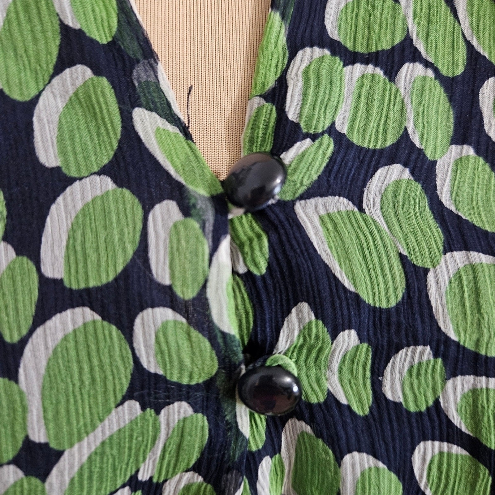 Elena Solano Top 100% Silk Womens Medium Green Blue Ruffled Sleeve Smocked Waist