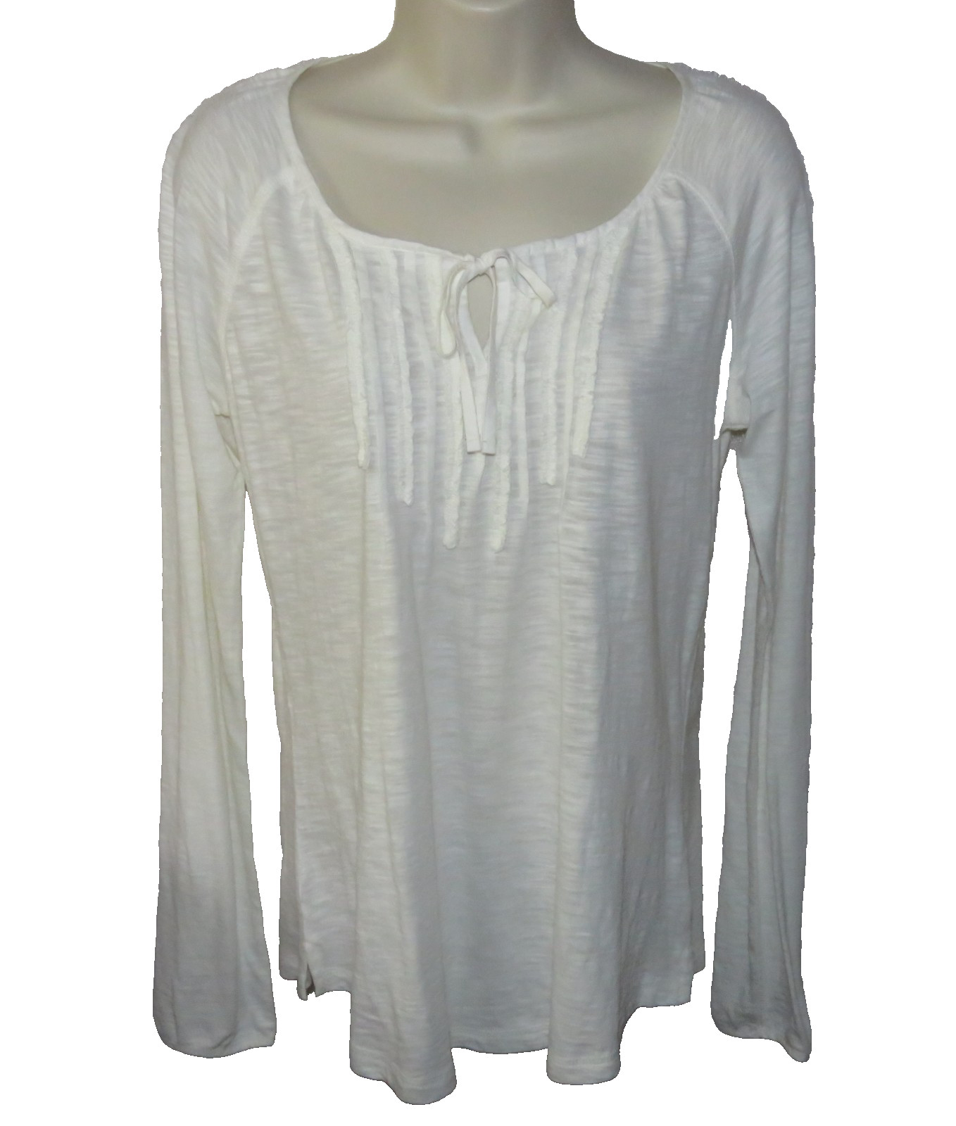 EDDIE BAUER Womens Top SMALL Ivory Off-White Long Sleeve Ruffle Accent Tie Neck