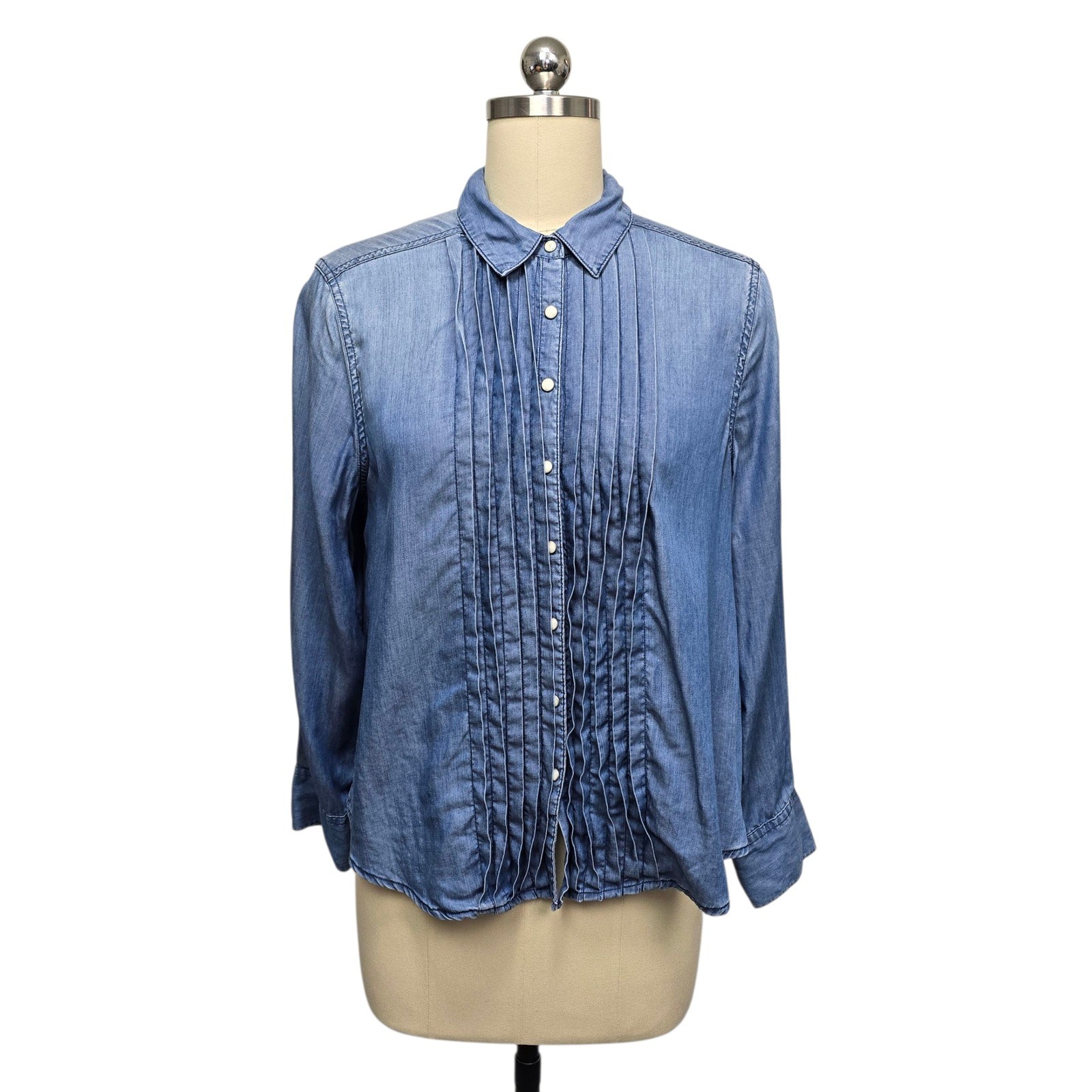 Sundance Denim Pleated Tencel Shirt Blue Long Sleeve Button Up Women PM