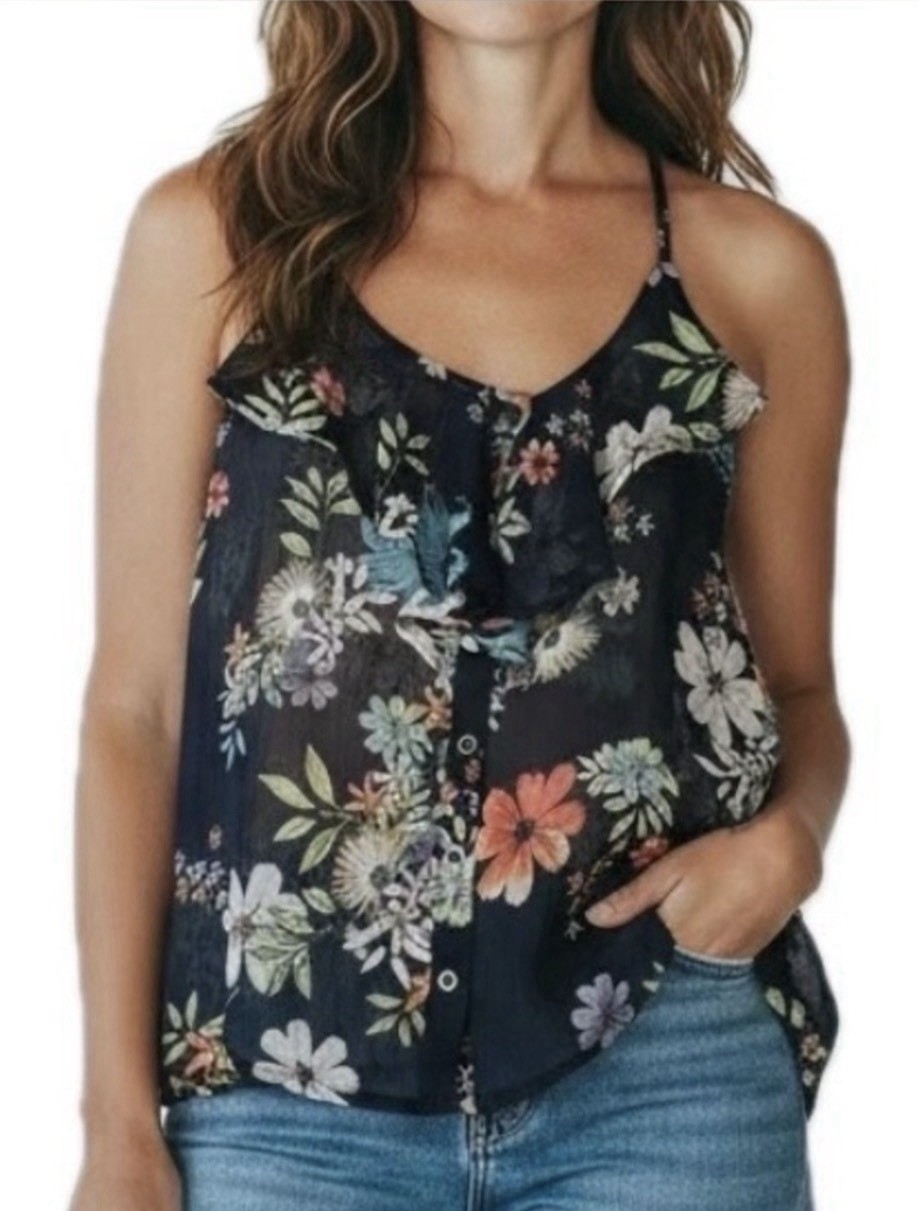 Arizona Jean co. Floral Tank. Women’s small. Shear. Navy blue/White/Pink.
