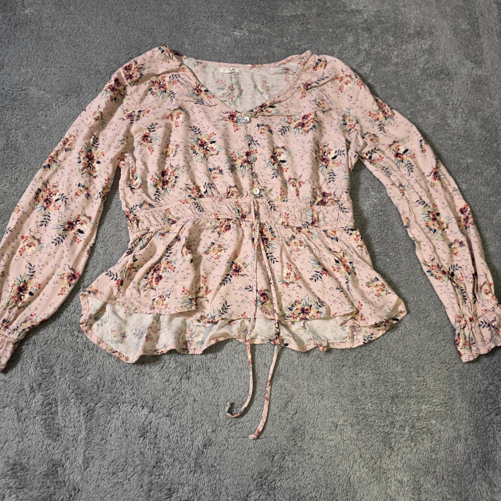 Maurices Womens M Peplum Blouse Pink Floral Button Front Boho Long Sleeve Top