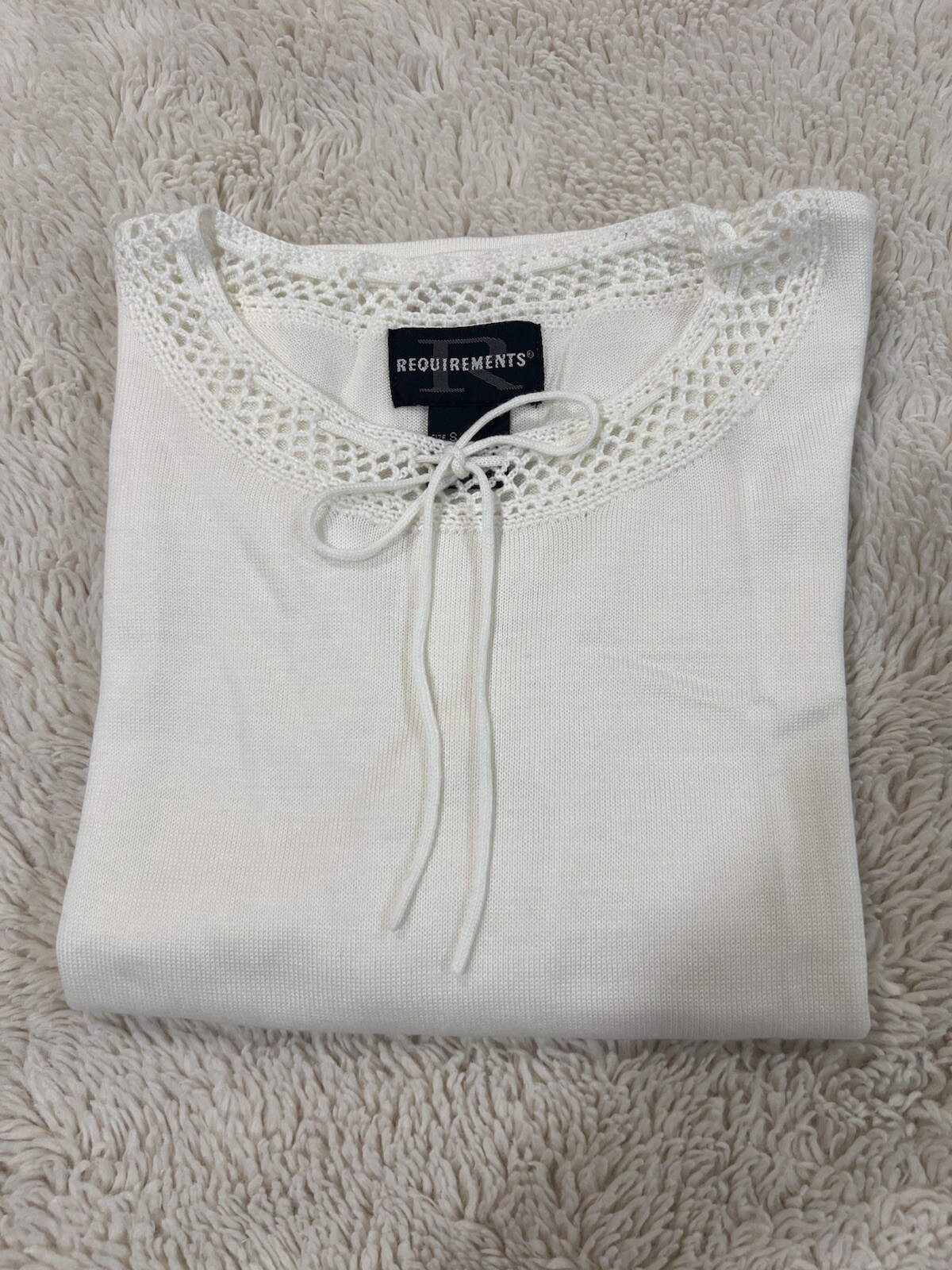 Requirements Crochet String tied Round Neckline White shirt 3/4 sleeves Size S