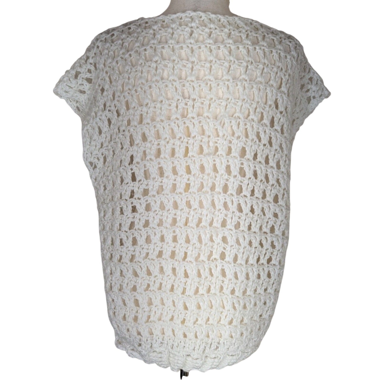 Handmade Open Crochet White Cap Sleeve Top Adjustable Waist Tie Size M/L Boho
