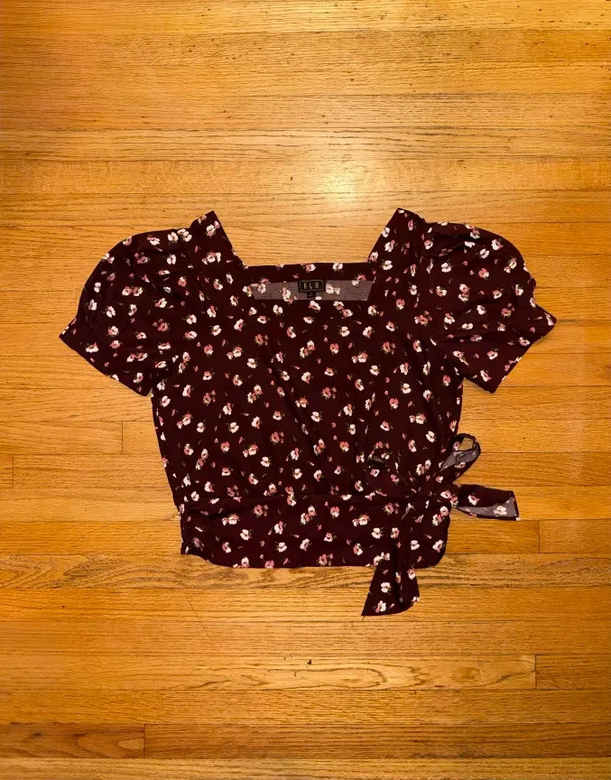 [OLM] Chocolate Brown Floral Blouse w/ Puffy Sleeves & Tie Waist