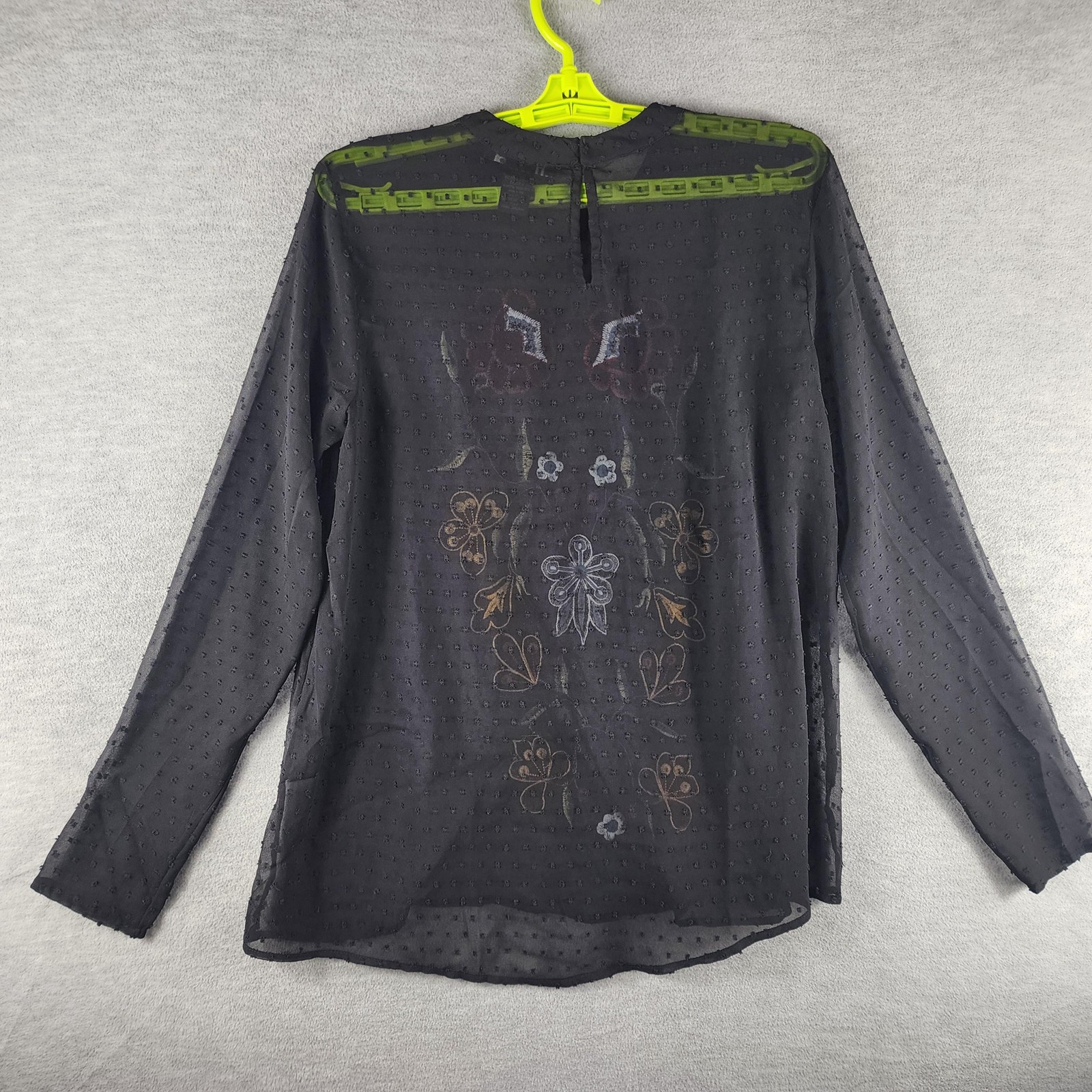 Grace Elements Blouse Womens Small Black Sheer Swiss Dot Embroidered Floral Boho