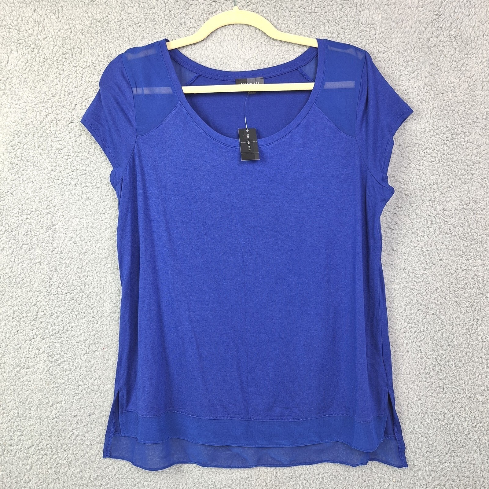 The Limited Womens Top Large Blue Sheer Panels Cap Sleeves Side Slits Flowy