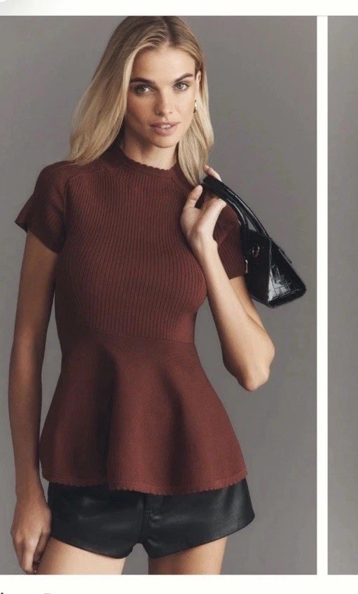 Anthropologie Maeve Peplum Top Rust Brown Knit Ribbed Romantic Indie NWOT M