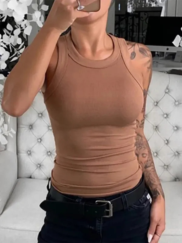 Mujer Top Sin Mangas Acanalado Liso Cuello Redondo Elástico Verano Básico