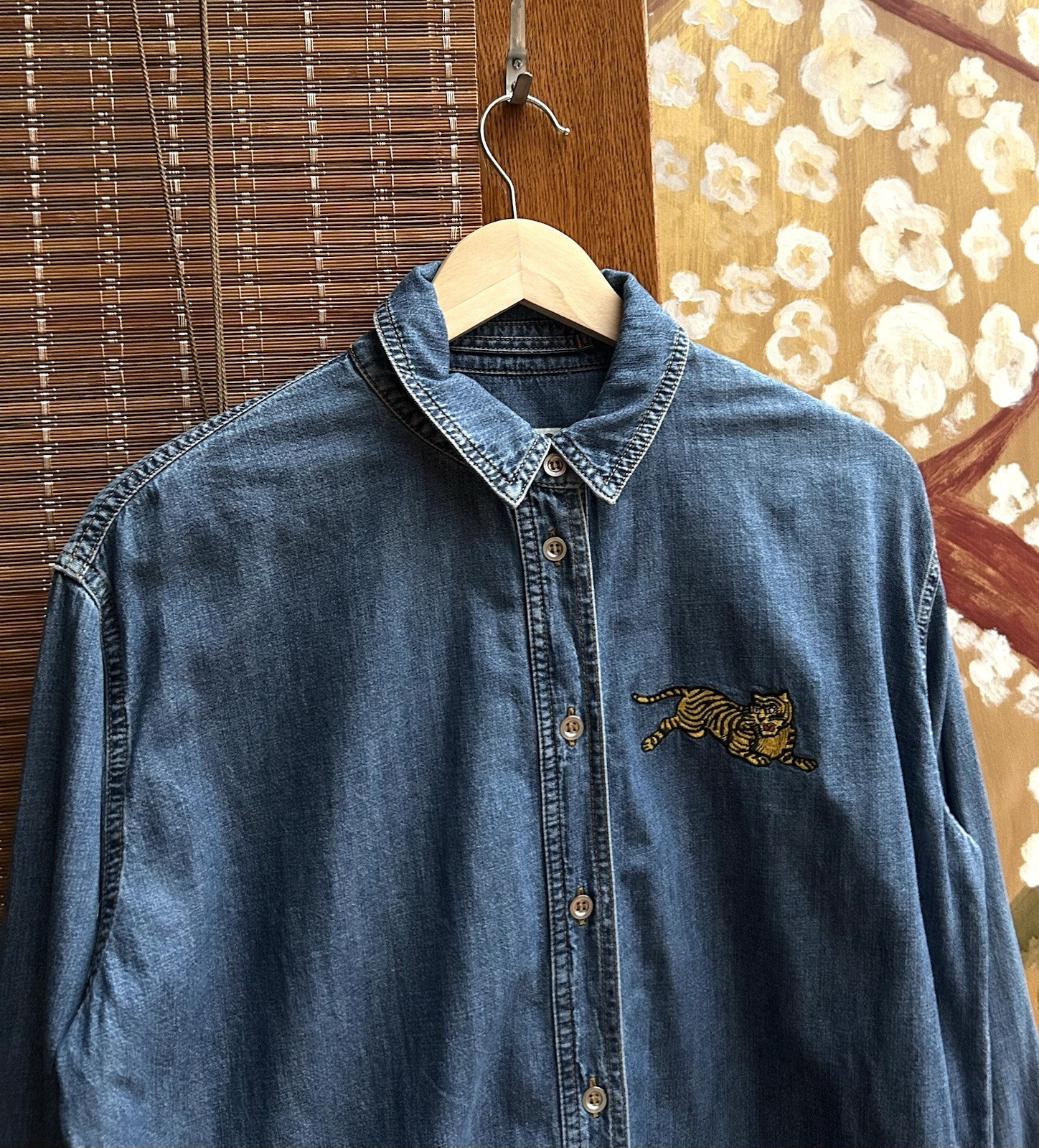 Kenzo Paris Embroidered Tiger Denim Long Sleeve Women’s Shirt In Blue Size 38