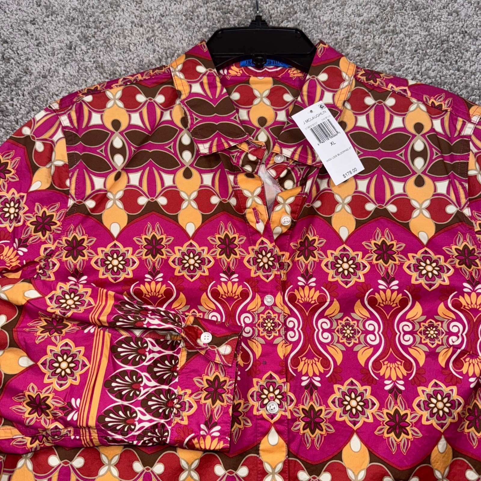 J. McLaughlin Lois Blouse Womens XL Pink Brown Geometric Stretch Sateen NEW