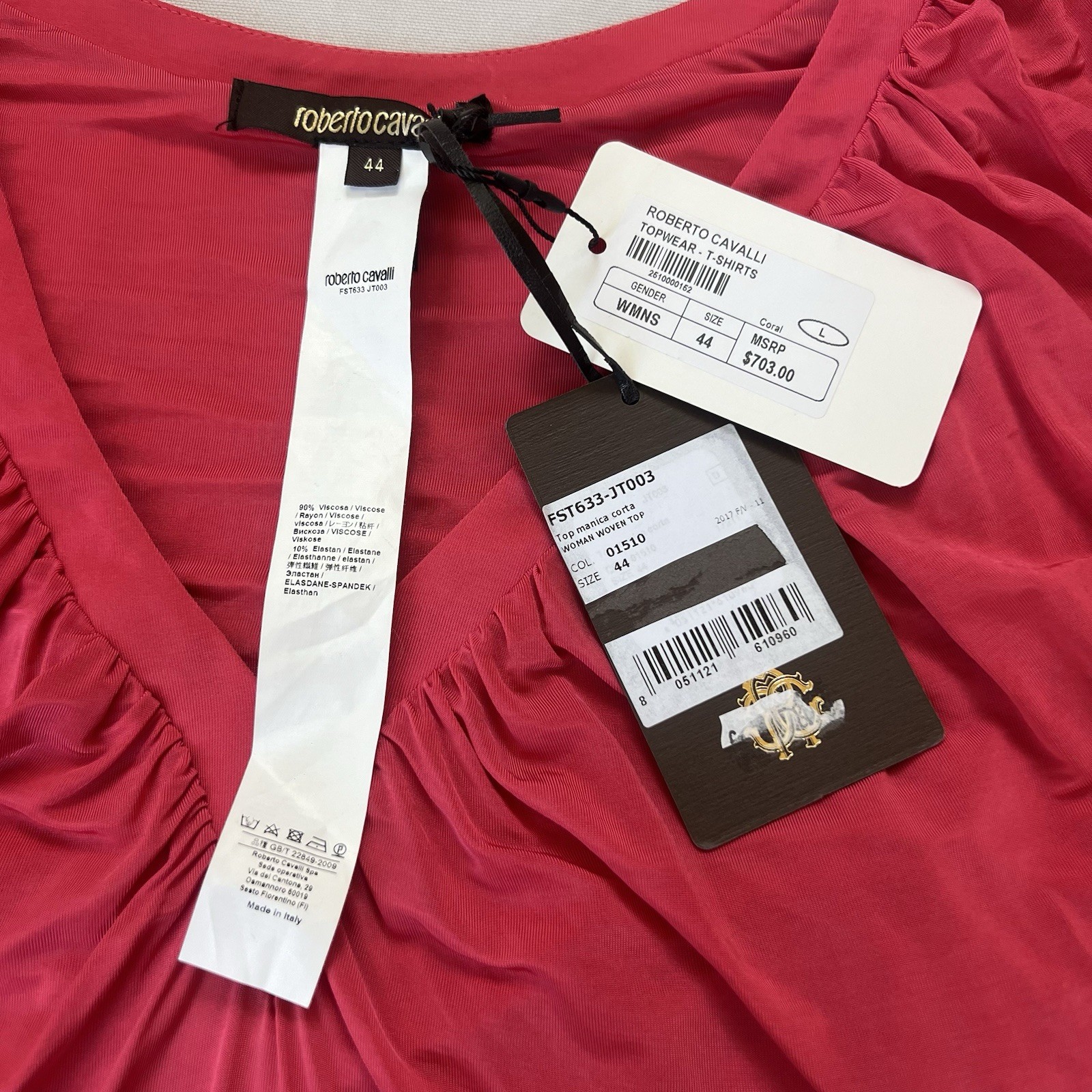 Roberto Cavalli Red Solid Ruched Ruffle V-Neck Knit Stretch T-Shirt 44 FST633