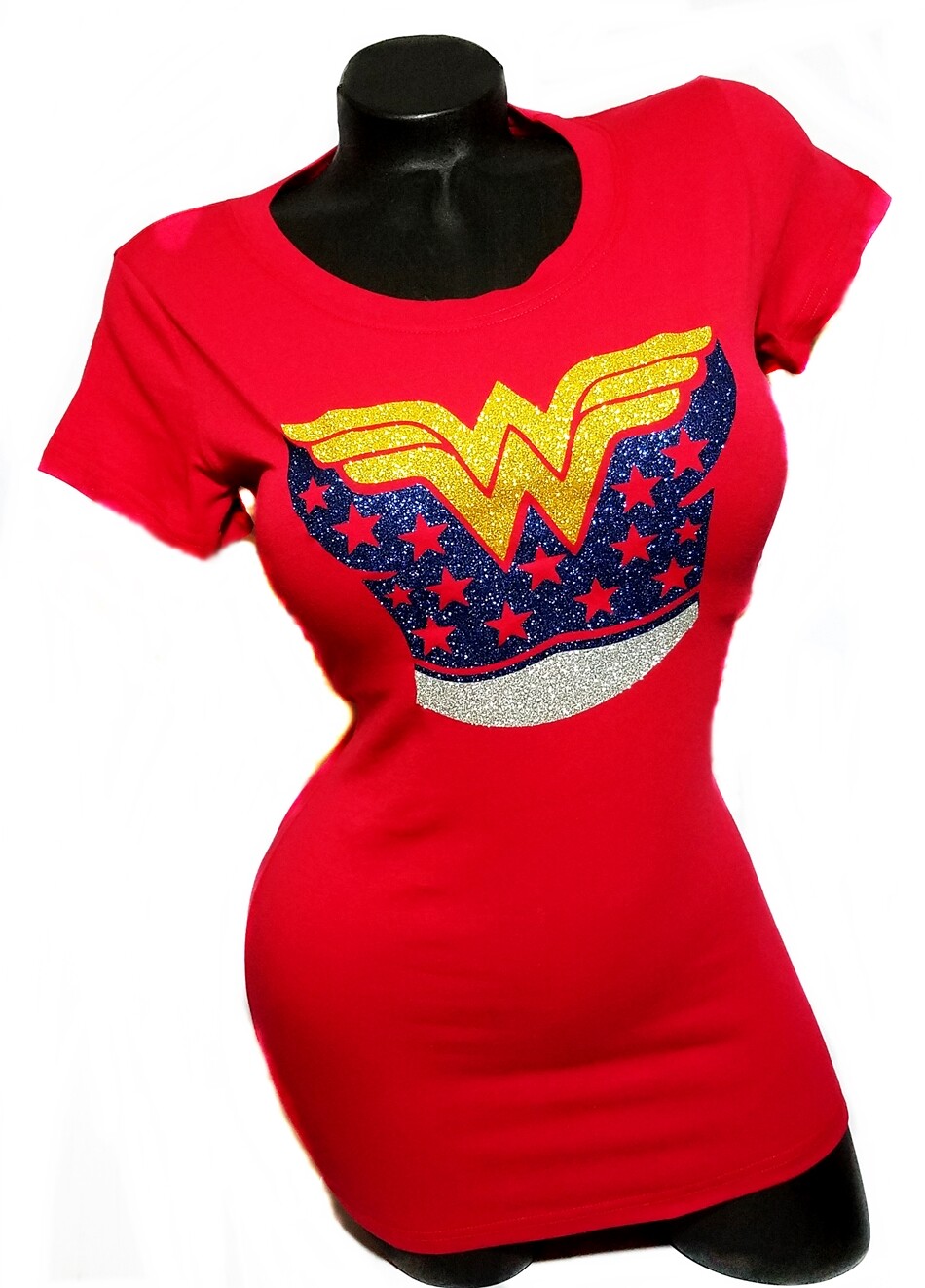Wonder Woman Red Fitted Spandex tee with shiny lettering.