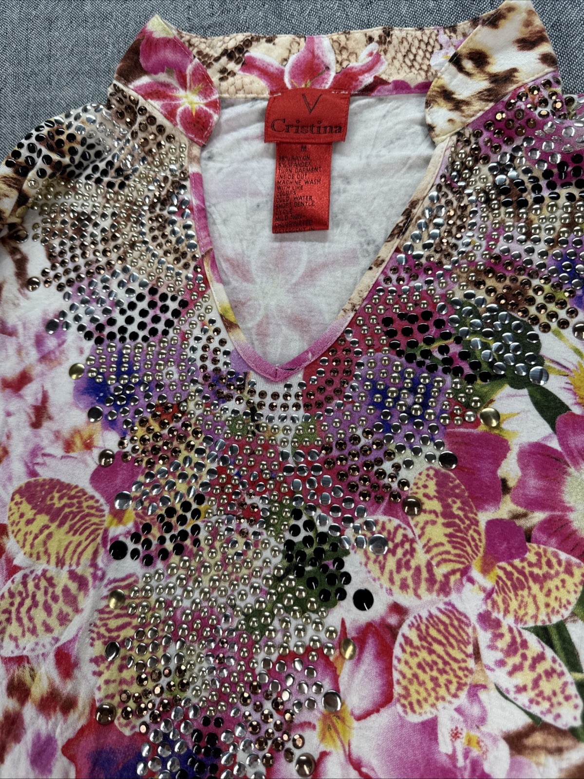 V Cristina Colorful Rhinestone Embellished Tunic Top Long Sleeve Size Medium M