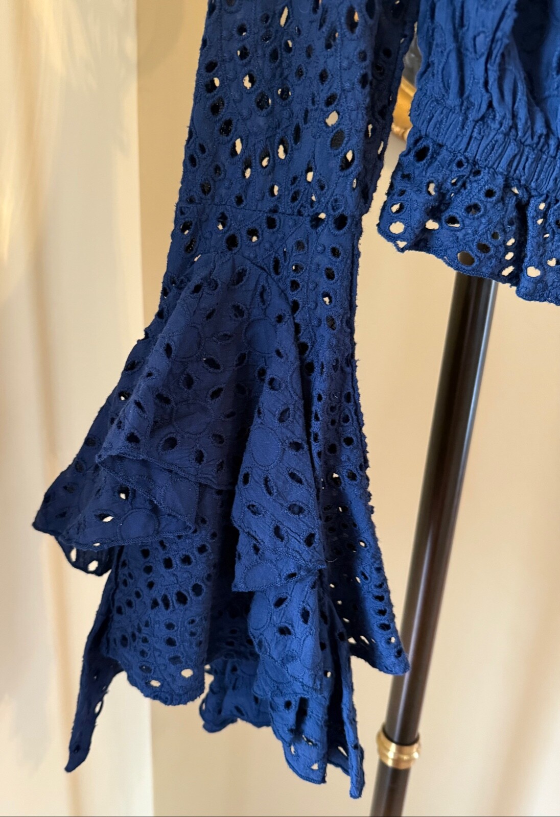MISA LOS ANGELES Navy Blue Eyelet Off Shoulder Top Long Bell Sleeves Sz XS