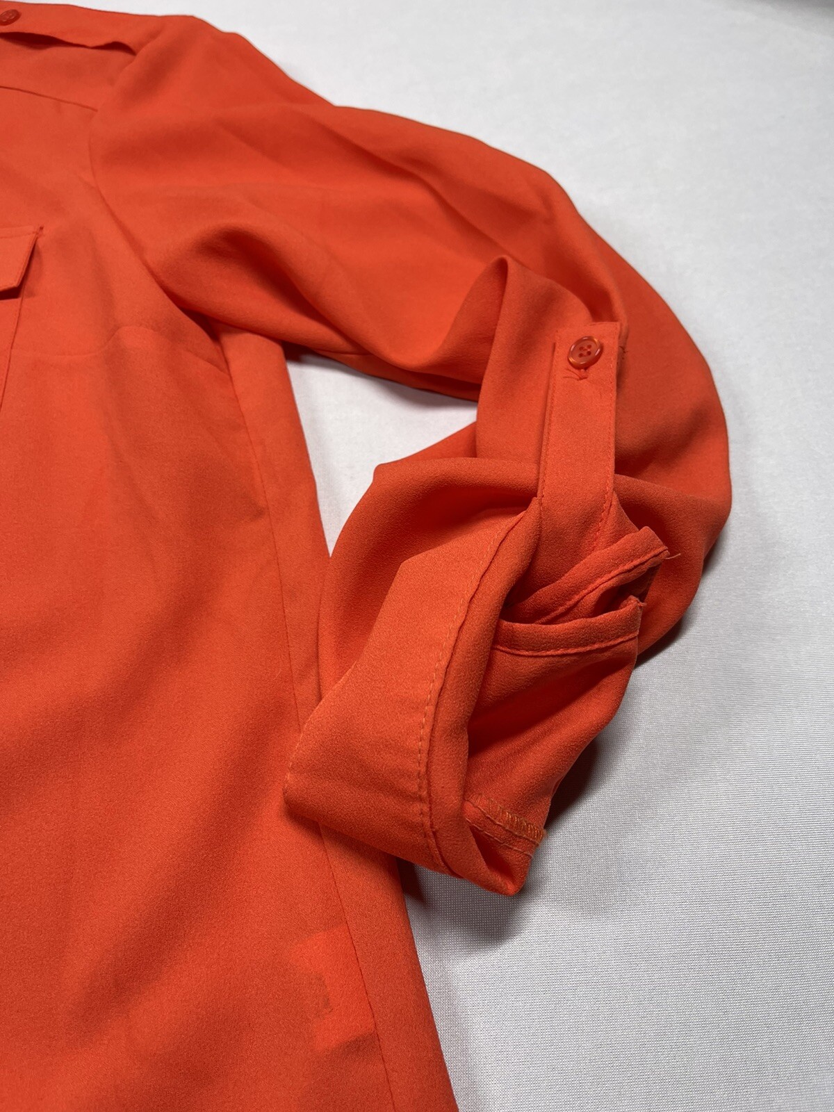 OVI Size L Large Orange Button Tap Sleeves Roll Up Collared Button Down Blouse